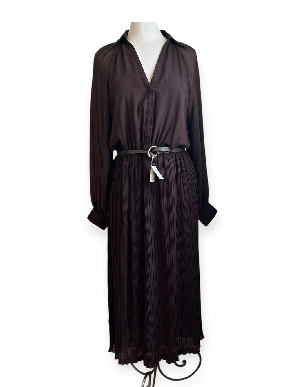 NWT Zara Dark Brown Long-Sleeve Pleated Shirt Dress with Belt